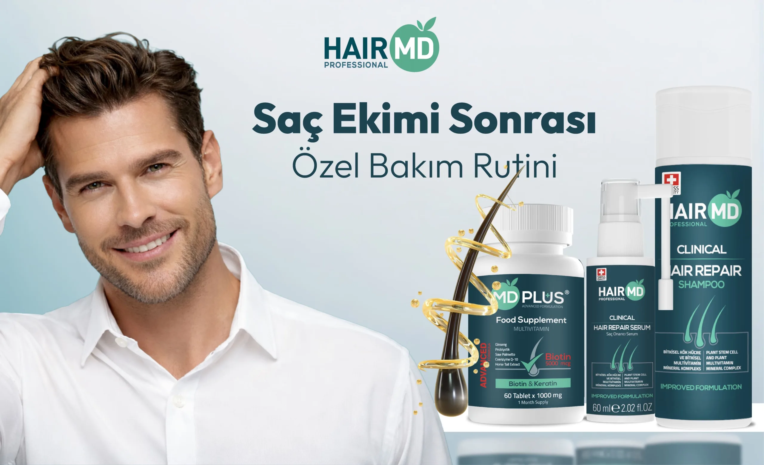 Botexa güvencesiyle HairMD saç ekimi sonrası özel bakım rutini şampuan ve serumları