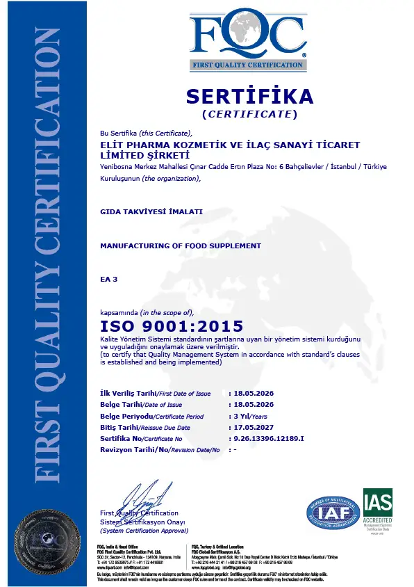 ISO 9001:2015 Takviye Edici Gıda Sertifikası
