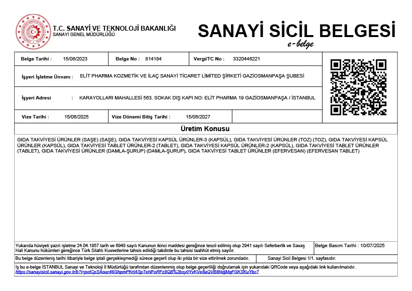 Gıda Takviyesi Sanayi Sicil Belgesi
