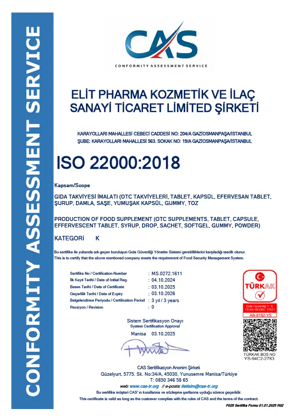 ISO 22000:2018 Gıda Takviyesi Sertifikası